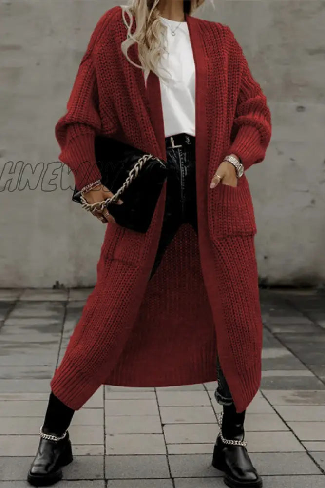 Hnewly - Burgundy Casual Solid Pocket V Neck Outerwear Coats