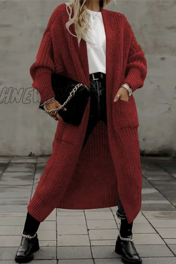 Hnewly - Burgundy Casual Solid Pocket V Neck Outerwear / S Coats