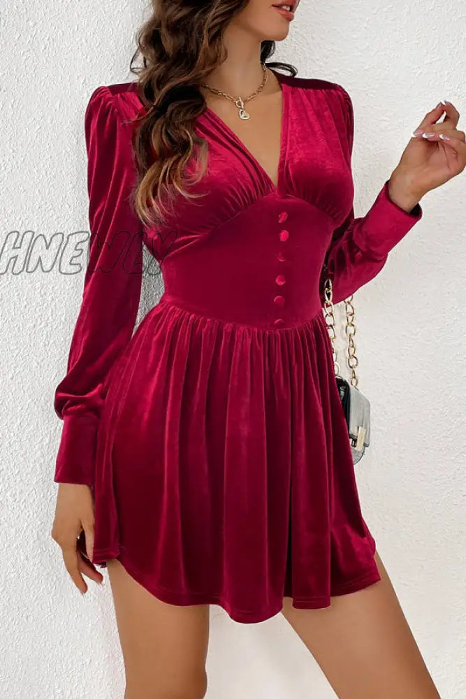 Hnewly - Burgundy Sexy Party Solid Fold V Neck Waist Skirt Dresses Dresses Club