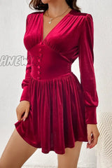 Hnewly - Burgundy Sexy Party Solid Fold V Neck Waist Skirt Dresses Dresses Club