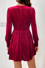 Hnewly - Burgundy Sexy Party Solid Fold V Neck Waist Skirt Dresses Dresses Club