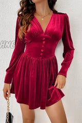 Hnewly - Burgundy Sexy Party Solid Fold V Neck Waist Skirt Dresses Dresses Club