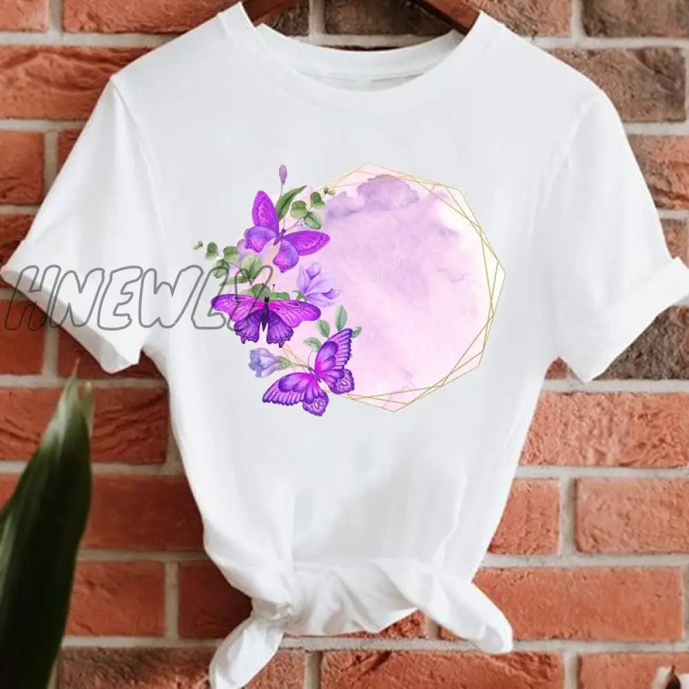 Hnewly Butterfly Love Spring 90S Women Lady Tee Fashion T-Shirts Print Summer Clothes Female Short