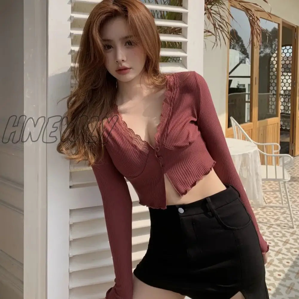 Hnewly Button Down Lace Crop Top For Women Casual T Shirt Solid Color Patchwork Long Sleeve Slim