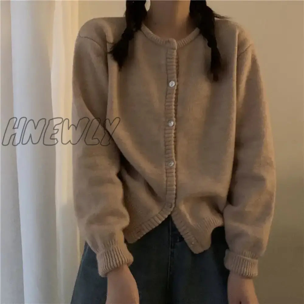 Hnewly Cardigan Women Solid Crew Neck Retro Basic Jumper Sweater Knitted Harajuku Long Sleeve Loose