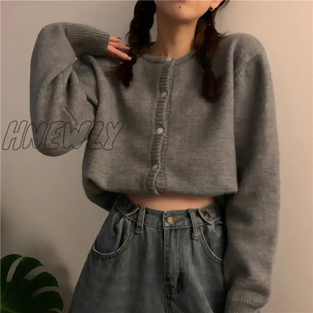 Hnewly Cardigan Women Solid Crew Neck Retro Basic Jumper Sweater Knitted Harajuku Long Sleeve Loose