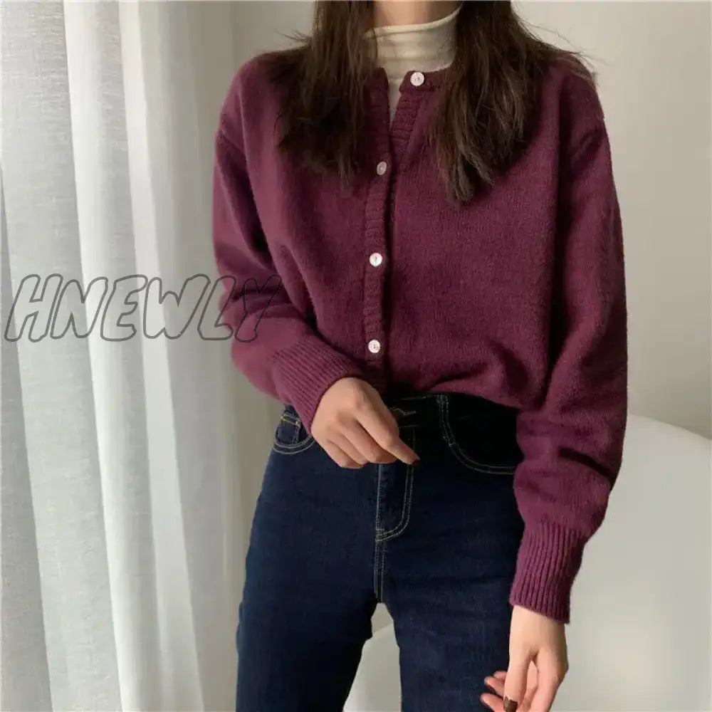 Hnewly Cardigan Women Solid Crew Neck Retro Basic Jumper Sweater Knitted Harajuku Long Sleeve Loose