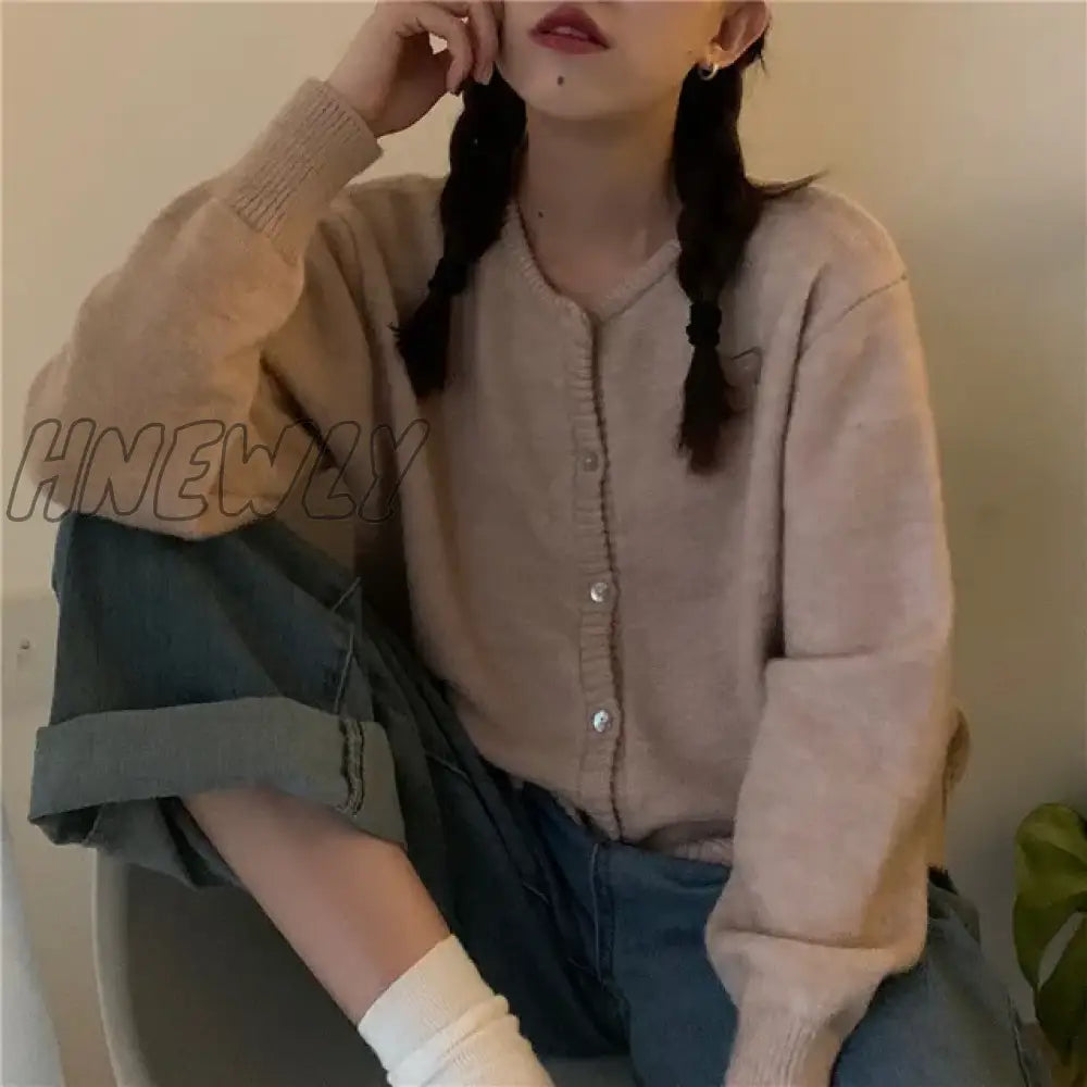 Hnewly Cardigan Women Solid Crew Neck Retro Basic Jumper Sweater Knitted Harajuku Long Sleeve Loose