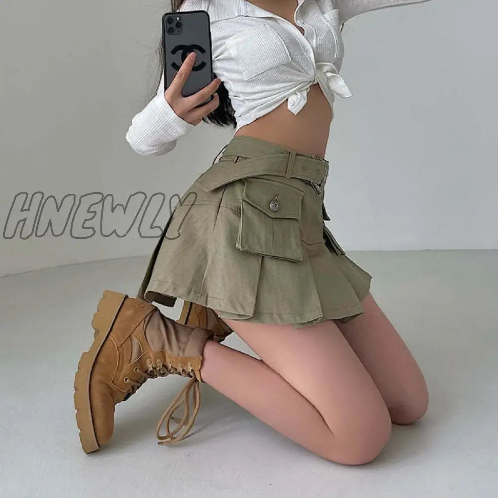 Hnewly Cargo Pleated Skirt Women Korean Streetwear High Waist A-Line Slim Belt Pockets Vintage Mini