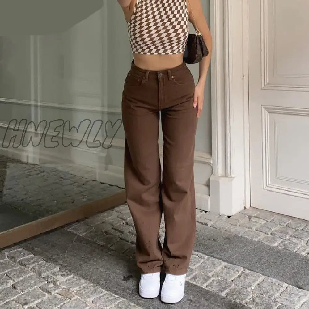 Hnewly Carpenter Jeans In Brown High Waist Loose Straight Leg Women Fashion Y2K Casual Streetwear