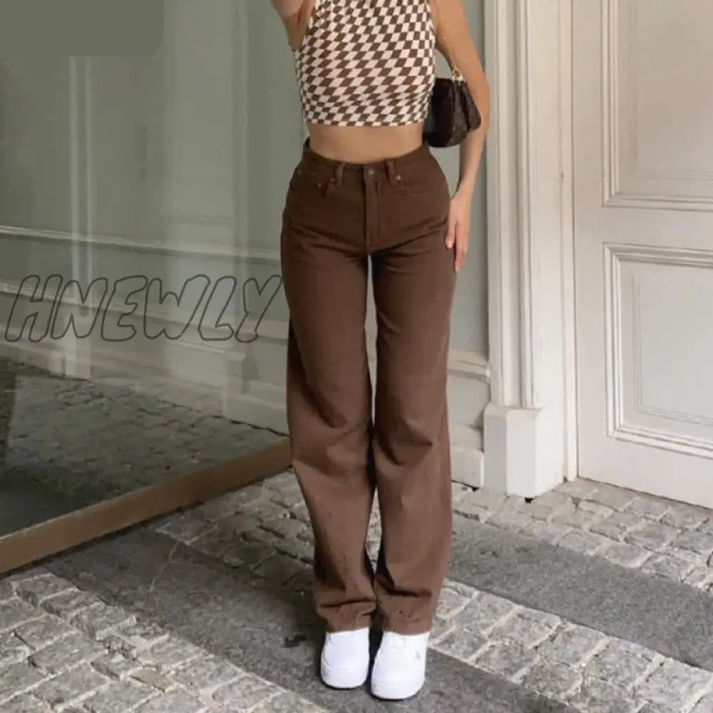 Hnewly Carpenter Jeans In Brown High Waist Loose Straight Leg Women Fashion Y2K Casual Streetwear