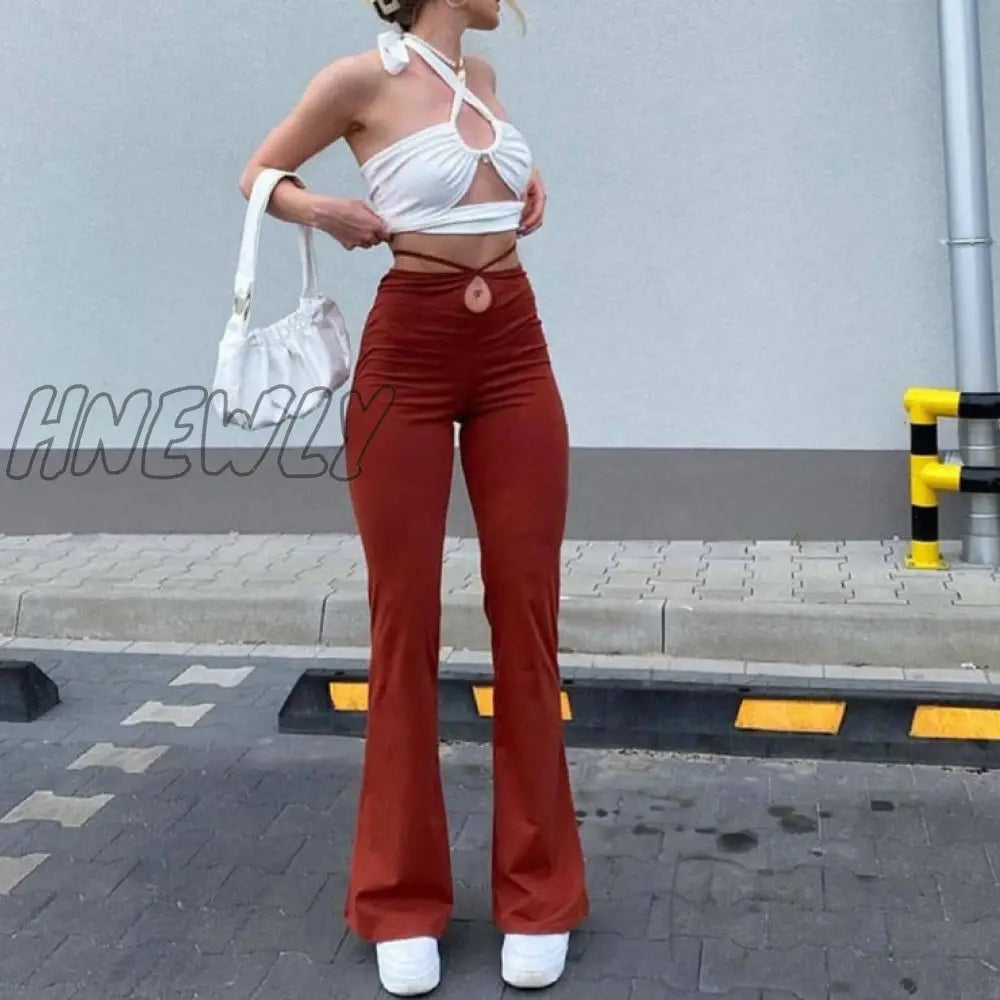 Hnewly Casual Bandage Women Y2K Flare Pants Skinny Belly Button High Waist Trousers Stretch Wild