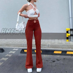 Hnewly Casual Bandage Women Y2K Flare Pants Skinny Belly Button High Waist Trousers Stretch Wild