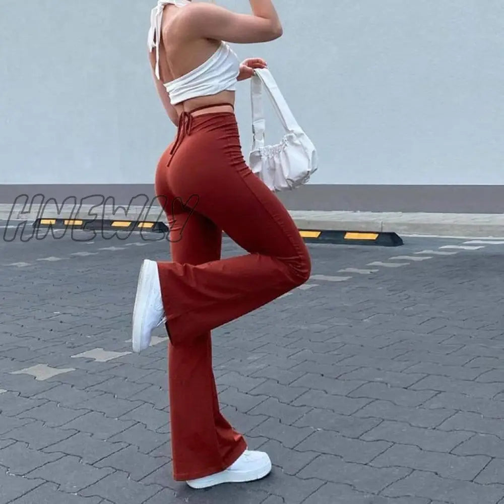 Hnewly Casual Bandage Women Y2K Flare Pants Skinny Belly Button High Waist Trousers Stretch Wild