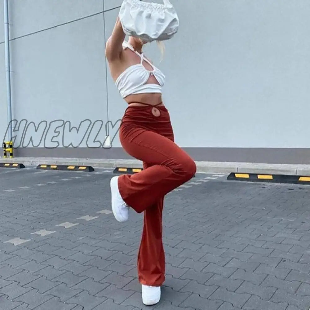 Hnewly Casual Bandage Women Y2K Flare Pants Skinny Belly Button High Waist Trousers Stretch Wild