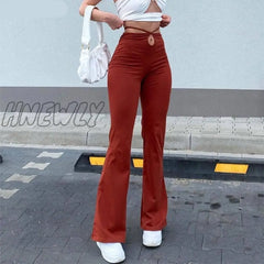 Hnewly Casual Bandage Women Y2K Flare Pants Skinny Belly Button High Waist Trousers Stretch Wild