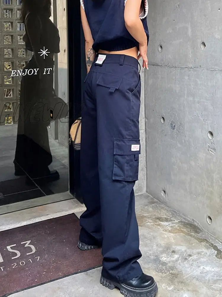 Hnewly Casual Cargo Pants Women Straight High Waist Baggy Fashion Slim Cotton Black Wide Leg Work