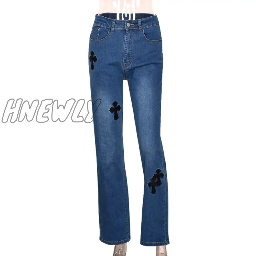 Hnewly Casual Cross Printed Baggy Jeans Women Low Waist Vintage Straight Denim Trousers Cyber Y2K