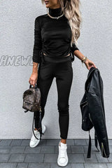 Hnewly - Casual Daily Solid Draw String Fold Turtleneck Long Sleeve Two Pieces(5 Colors) Black / S