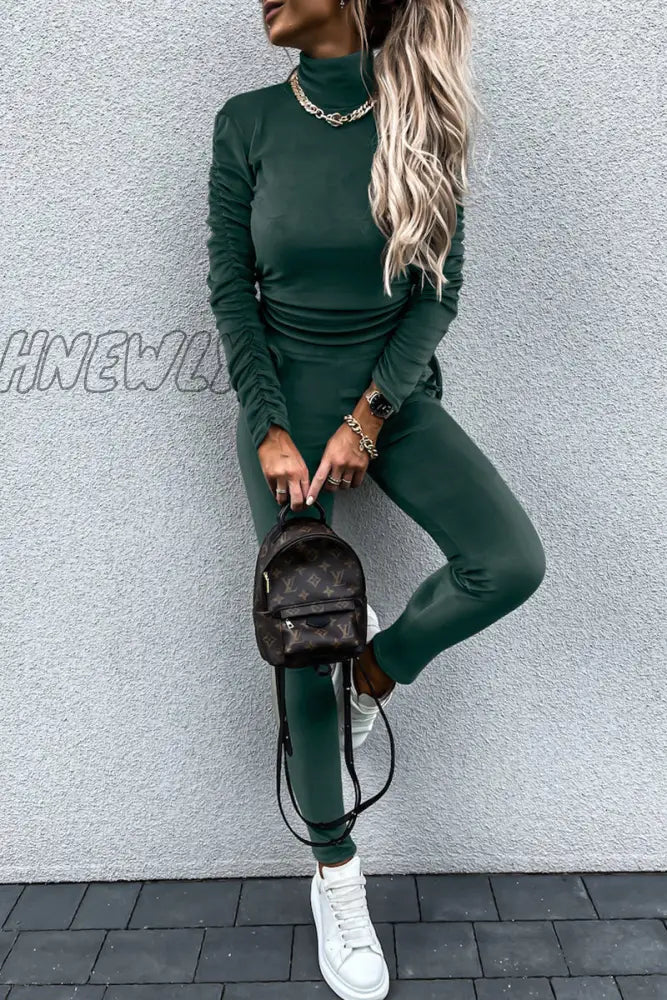 Hnewly - Casual Daily Solid Draw String Fold Turtleneck Long Sleeve Two Pieces(5 Colors) Ink Green