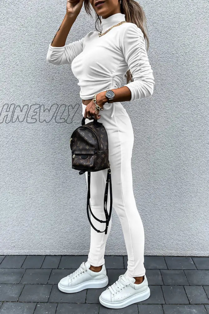 Hnewly - Casual Daily Solid Draw String Fold Turtleneck Long Sleeve Two Pieces(5 Colors)