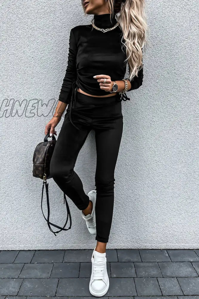 Hnewly - Casual Daily Solid Draw String Fold Turtleneck Long Sleeve Two Pieces(5 Colors)