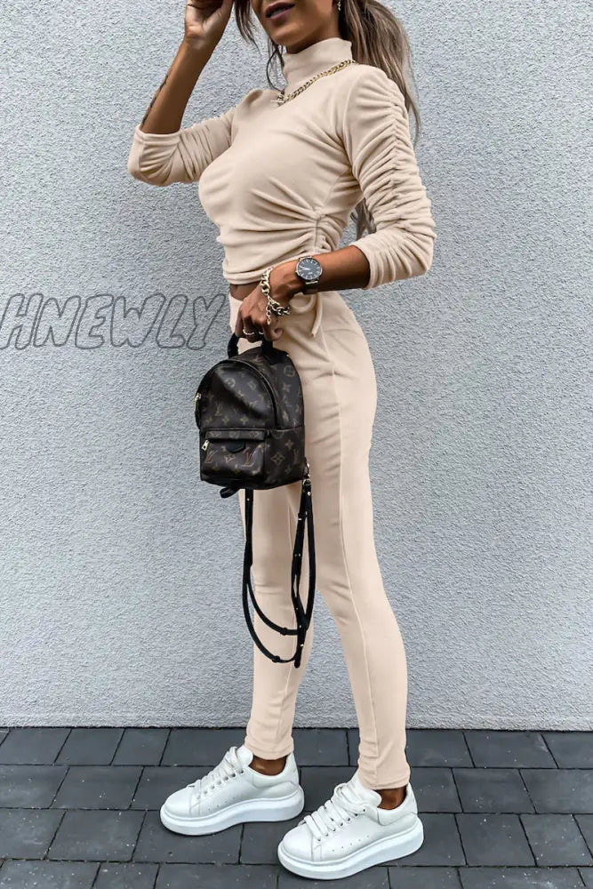 Hnewly - Casual Daily Solid Draw String Fold Turtleneck Long Sleeve Two Pieces(5 Colors)