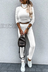 Hnewly - Casual Daily Solid Draw String Fold Turtleneck Long Sleeve Two Pieces(5 Colors) White / S