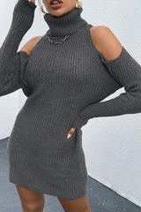 Hnewly - Casual Elegant Solid Hollowed Out Patchwork Turtleneck Dresses Sweater (Without Belt) Dark