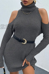 Hnewly - Casual Elegant Solid Hollowed Out Patchwork Turtleneck Dresses Sweater (Without Belt)