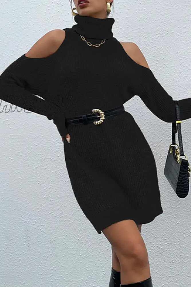 Hnewly - Casual Elegant Solid Hollowed Out Patchwork Turtleneck Dresses Sweater (Without Belt)