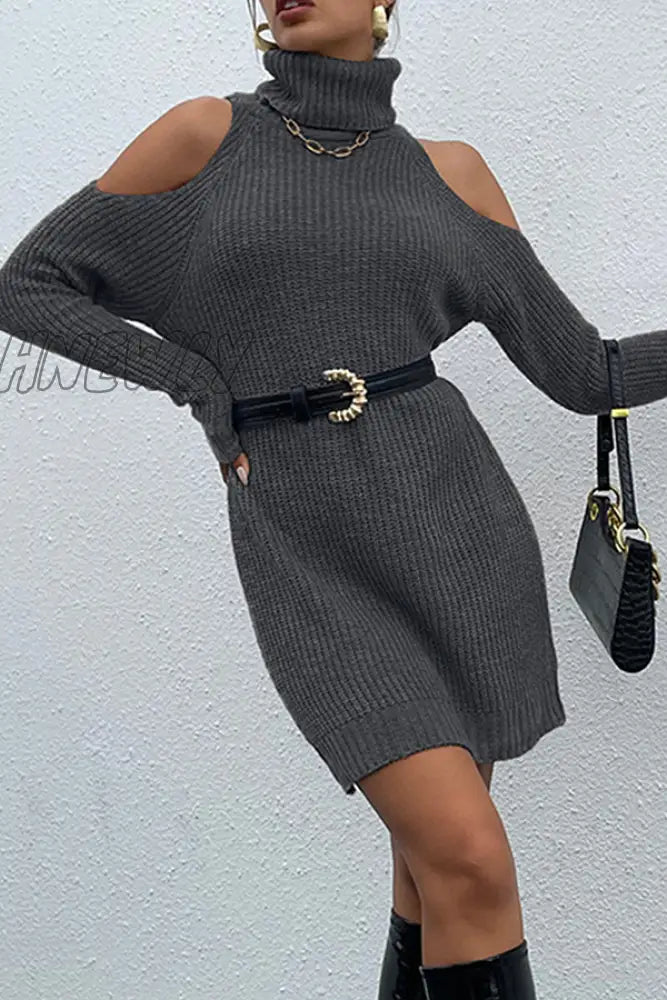 Hnewly - Casual Elegant Solid Hollowed Out Patchwork Turtleneck Dresses Sweater (Without Belt)