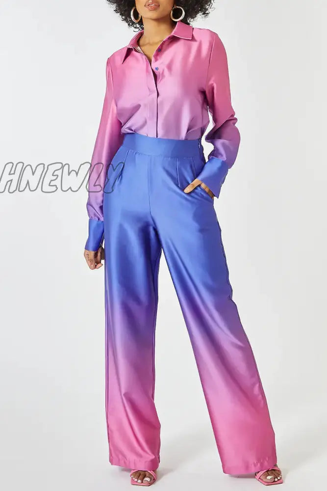 Hnewly - Casual Gradual Change Contrast Turndown Collar Long Sleeve Two Pieces(8 Colors) Purplish