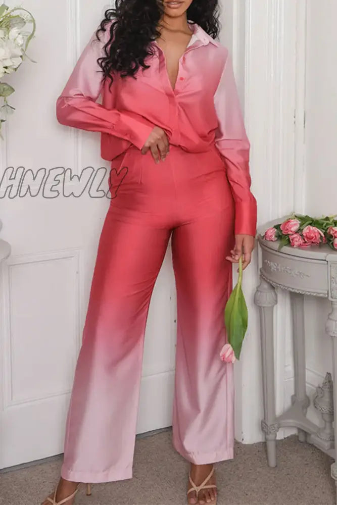 Hnewly - Casual Gradual Change Contrast Turndown Collar Long Sleeve Two Pieces(8 Colors) Watermelon