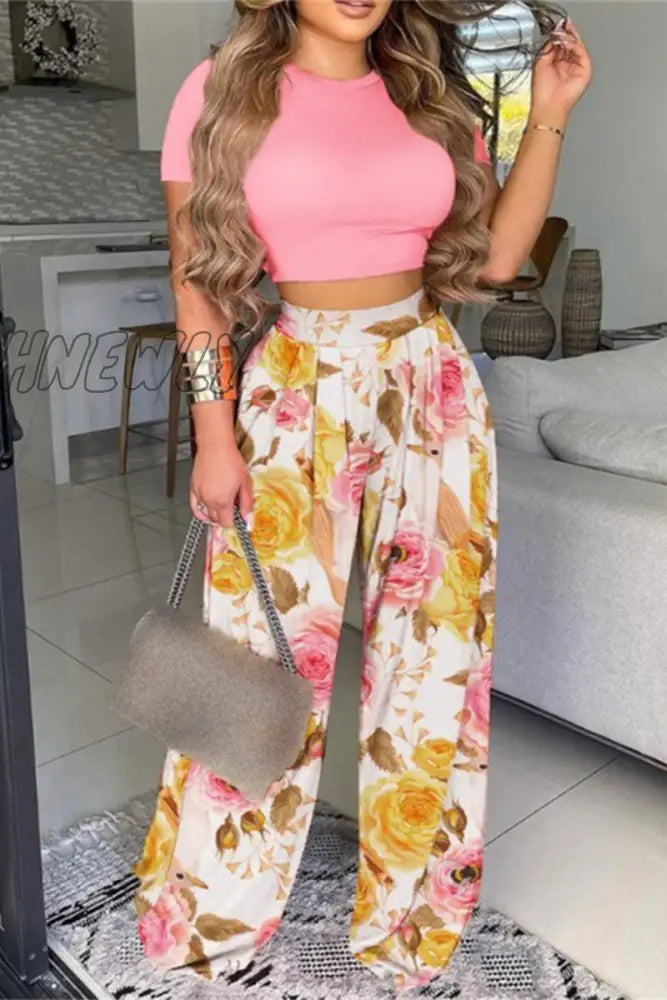 Hnewly - Casual Print Contrast O Neck Short Sleeve Two Pieces(7 Colors) Pink / S Pieces/Two-Piece