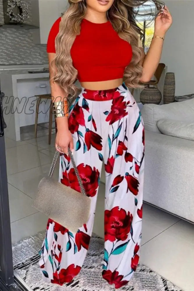 Hnewly - Casual Print Contrast O Neck Short Sleeve Two Pieces(7 Colors) Red / S Pieces/Two-Piece