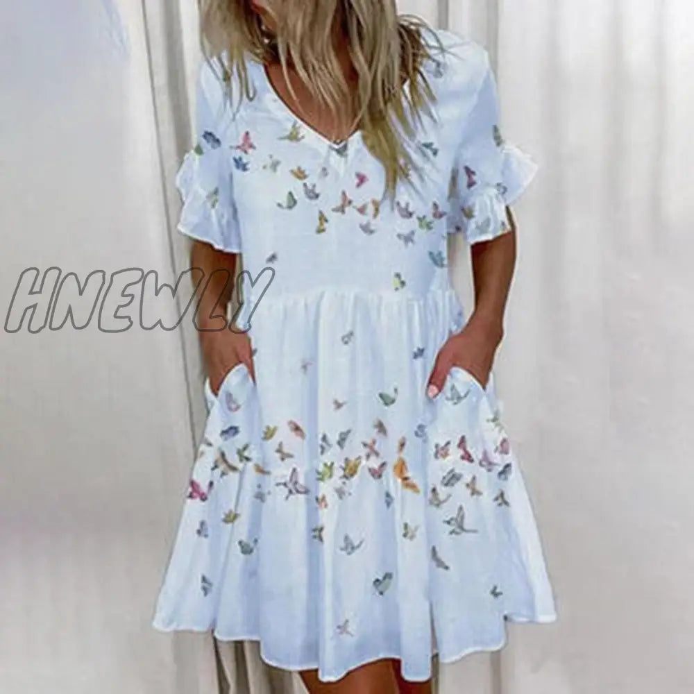 Hnewly Casual Ruffles Loose V-Neck Dress Women Summer Short Sleeve Floral Print Woman Fashion White