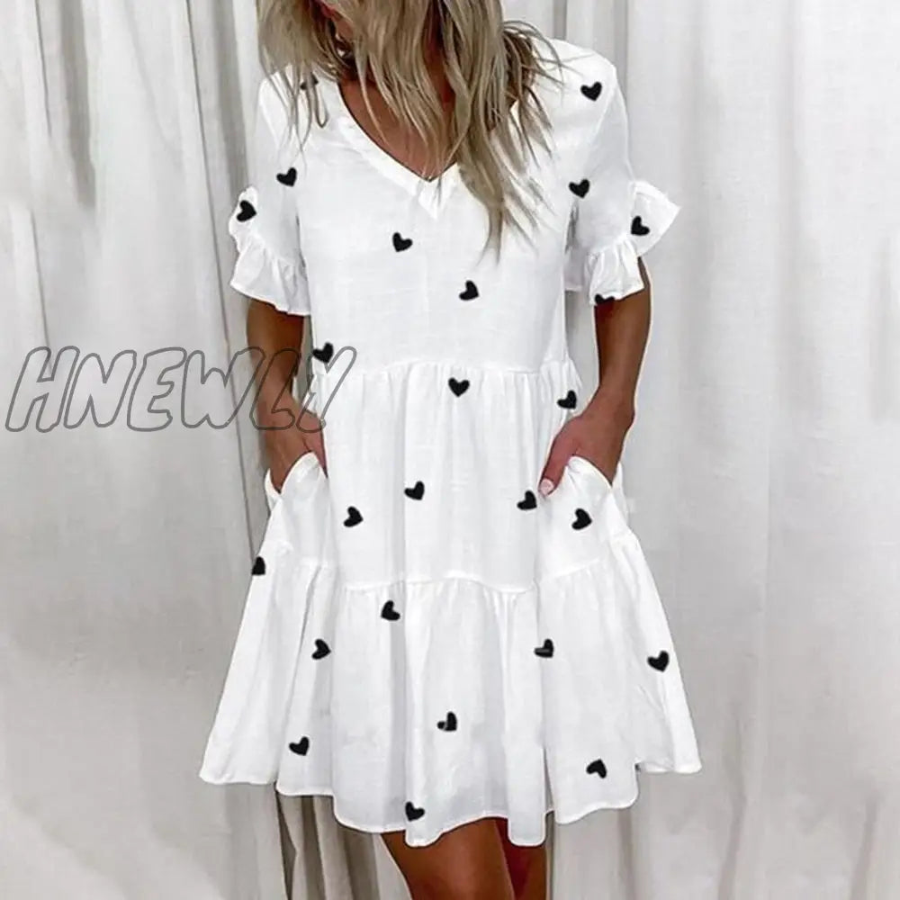 Hnewly Casual Ruffles Loose V-Neck Dress Women Summer Short Sleeve Floral Print Woman Fashion White