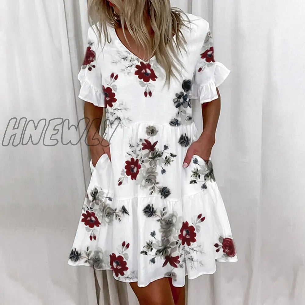 Hnewly Casual Ruffles Loose V-Neck Dress Women Summer Short Sleeve Floral Print Woman Fashion White