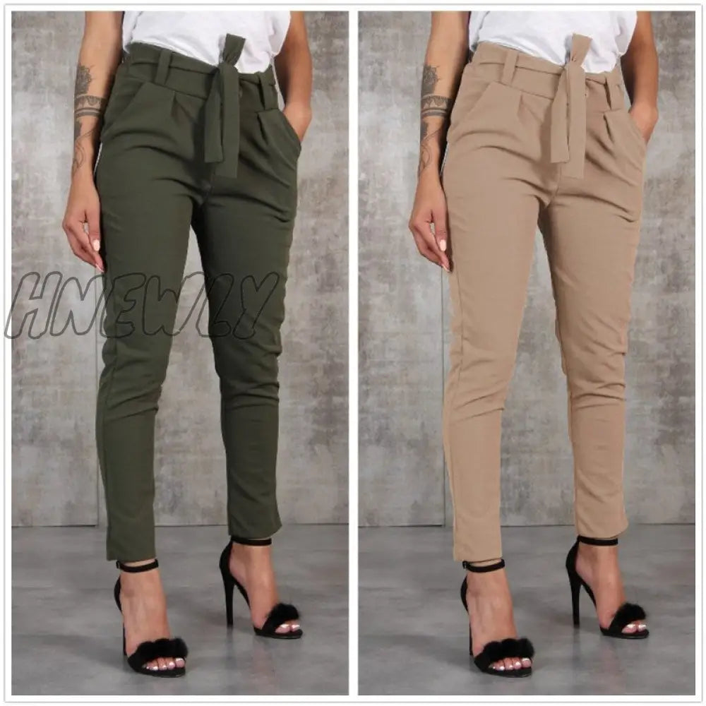 Hnewly Casual Slim Chiffon Thin Pants For Women High Waist Black Khaki Green Chic Work Outfits