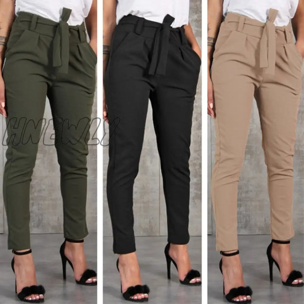 Hnewly Casual Slim Chiffon Thin Pants For Women High Waist Black Khaki Green Chic Work Outfits