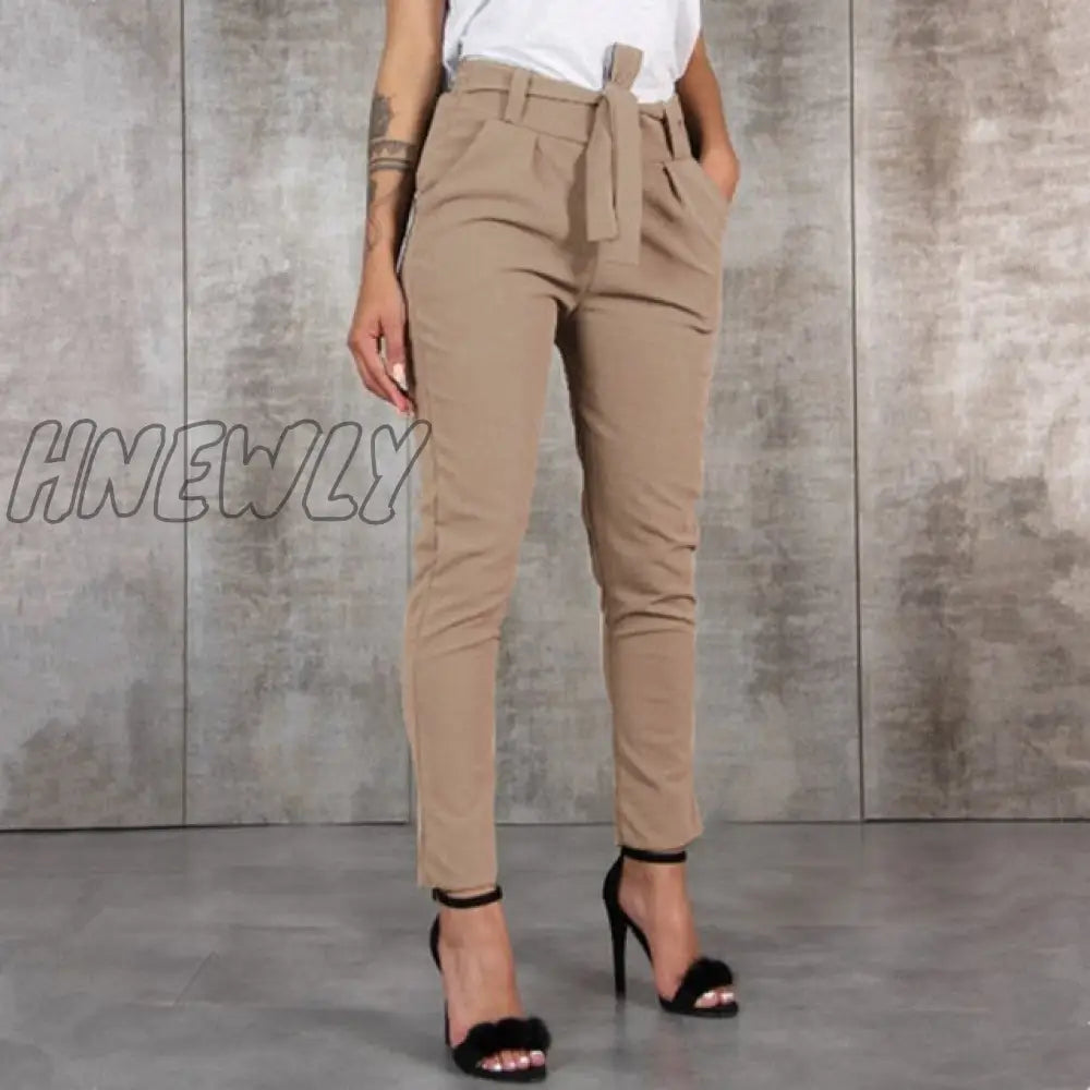 Hnewly Casual Slim Chiffon Thin Pants For Women High Waist Black Khaki Green Chic Work Outfits / S