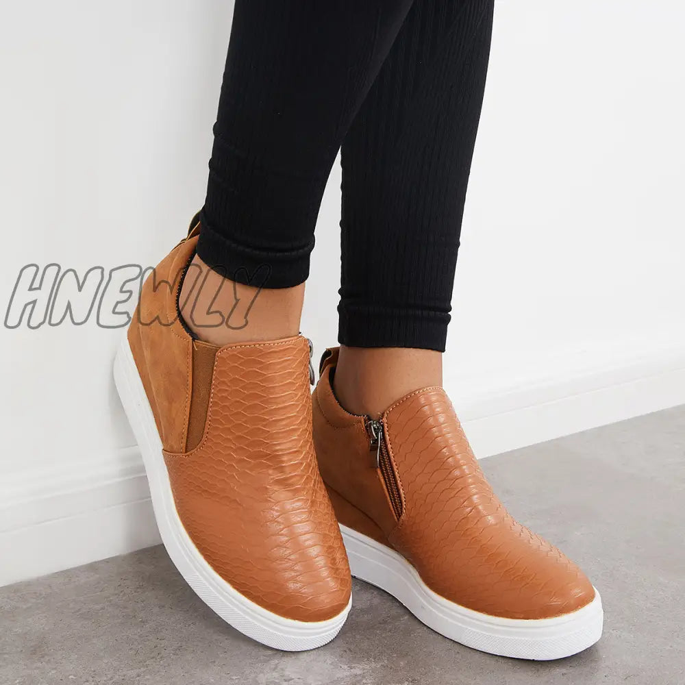 Hnewly Casual Slip On Platform Wedge Sneakers Hidden Booties Brown / 5 Loafers