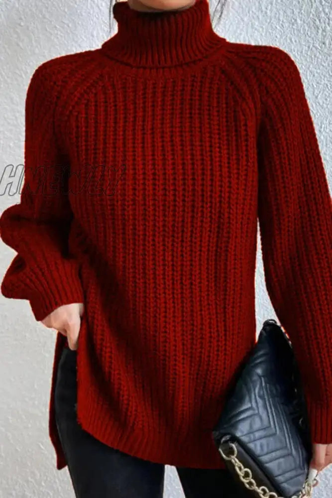 Hnewly - Casual Solid Basic Turtleneck Tops Burgundy / S Tops/Sweaters & Cardigans