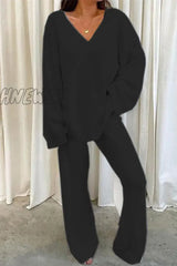 Hnewly - Casual Solid Color V Neck Two Pieces(5 Colors) Black / S Pieces/Two-Piece Pants Set