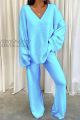 Hnewly - Casual Solid Color V Neck Two Pieces(5 Colors) Light Blue / S Pieces/Two-Piece Pants Set