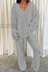 Hnewly - Casual Solid Color V Neck Two Pieces(5 Colors) Light Gray / S Pieces/Two-Piece Pants Set