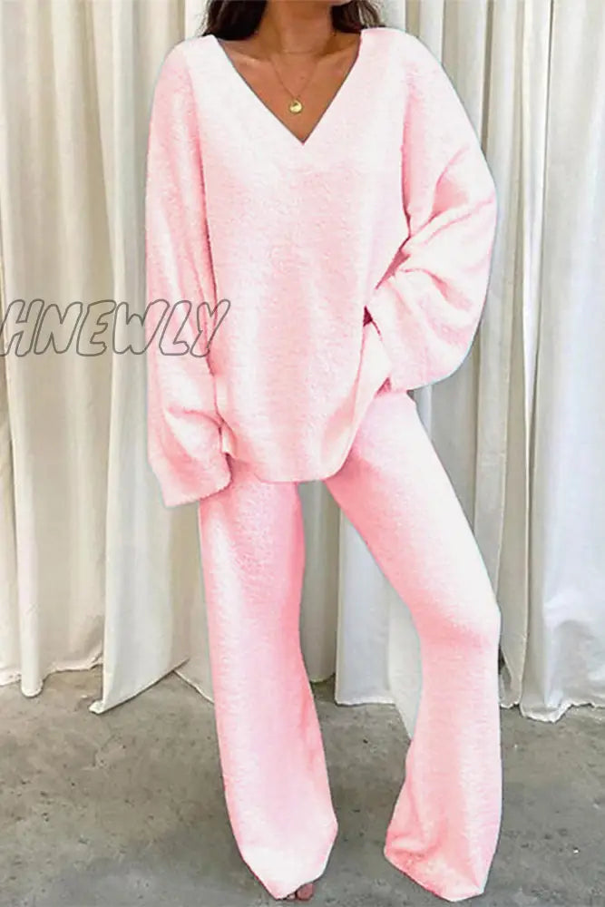 Hnewly - Casual Solid Color V Neck Two Pieces(5 Colors) Pink / S Pieces/Two-Piece Pants Set