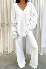 Hnewly - Casual Solid Color V Neck Two Pieces(5 Colors) White / S Pieces/Two-Piece Pants Set