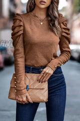 Hnewly - Casual Solid Fold O Neck Tops Brown / S Tops/Long Sleeve